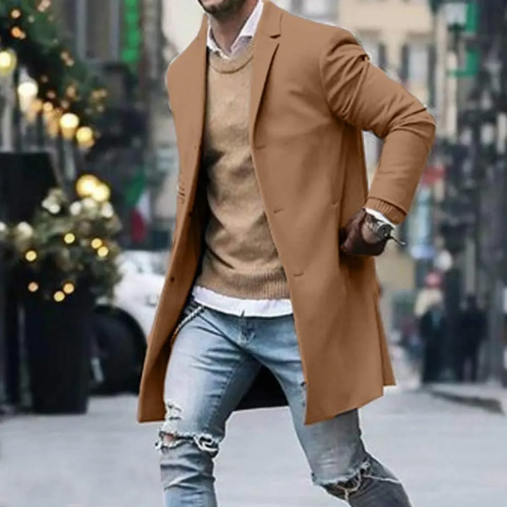 Trench Coat Men Men's Casual Notched Collar Plaid Single Breasted Wool Blend Formal Trench Top Coat