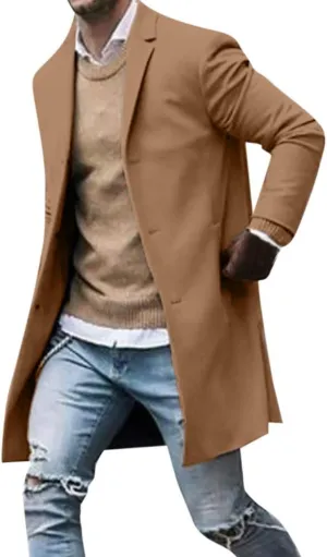 Trench Coat Men Men's Casual Notched Collar Plaid Single Breasted Wool Blend Formal Trench Top Coat