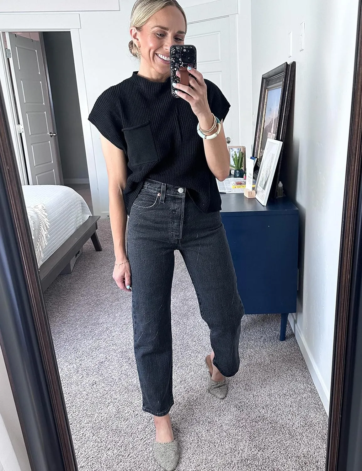 UANEO Sweater Vest Women Mock Neck Casual Cropped Knit Pullover Cap Sleeve Sweater for Women Top Spring