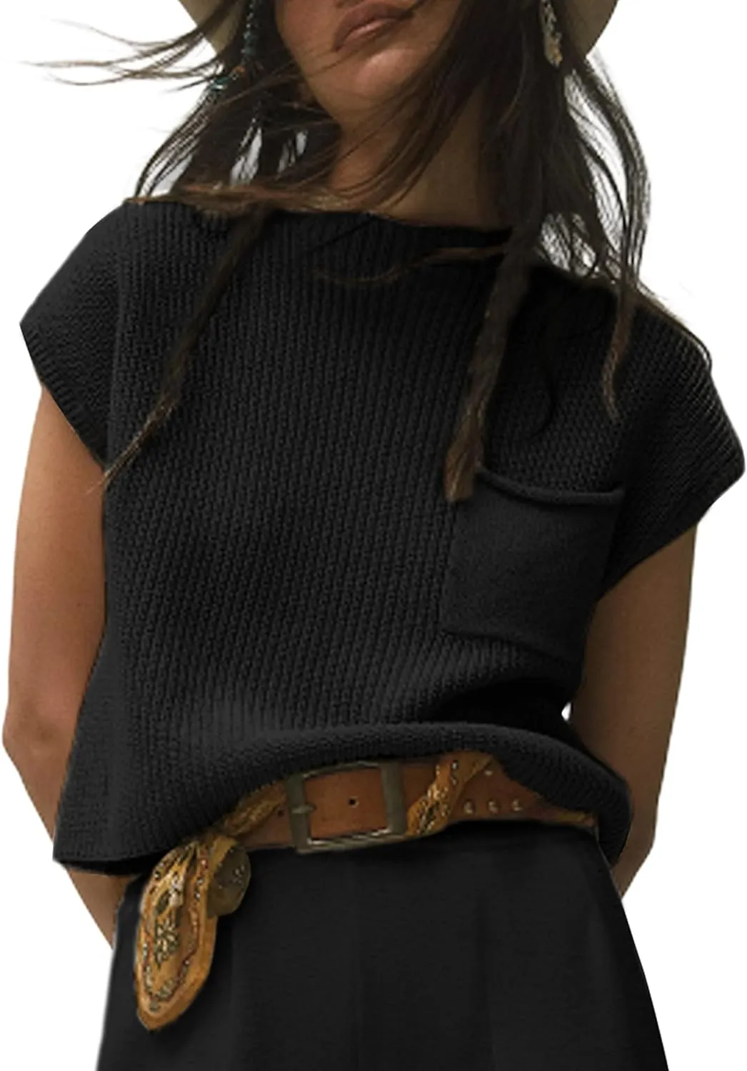 UANEO Sweater Vest Women Mock Neck Casual Cropped Knit Pullover Cap Sleeve Sweater for Women Top Spring