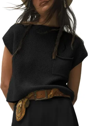 UANEO Sweater Vest Women Mock Neck Casual Cropped Knit Pullover Cap Sleeve Sweater for Women Top Spring
