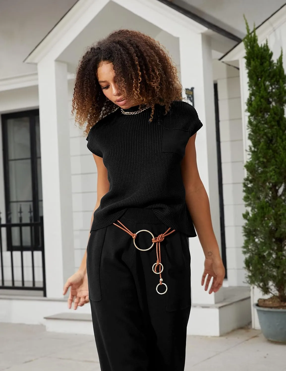UANEO Sweater Vest Women Mock Neck Casual Cropped Knit Pullover Cap Sleeve Sweater for Women Top Spring
