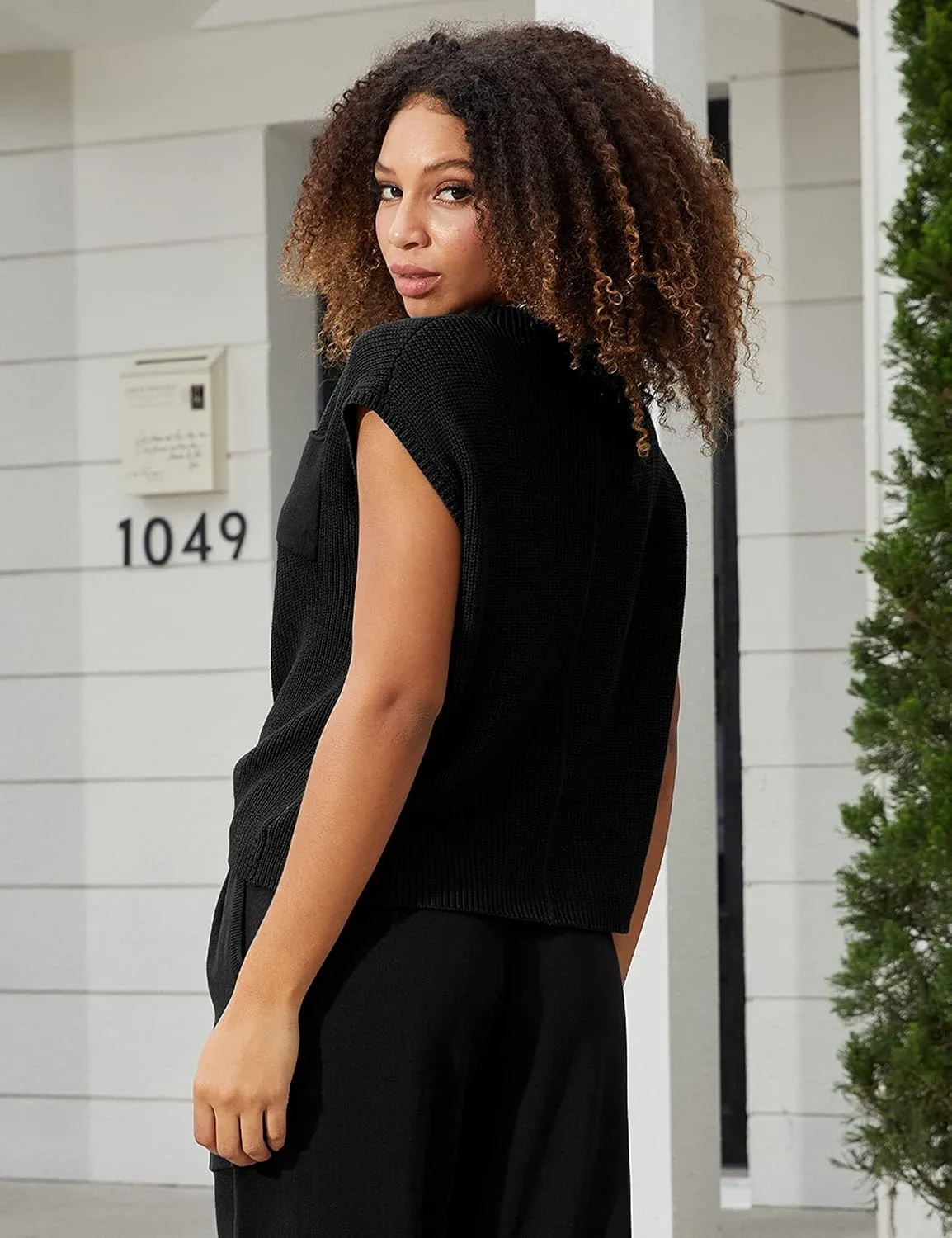 UANEO Sweater Vest Women Mock Neck Casual Cropped Knit Pullover Cap Sleeve Sweater for Women Top Spring