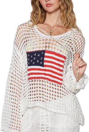 UAURORAO Women American Flag Sweater Crochet Long Sleeve Knit Hoodie Oversized Patriotic Sweatshirt Cover Up Beachwear