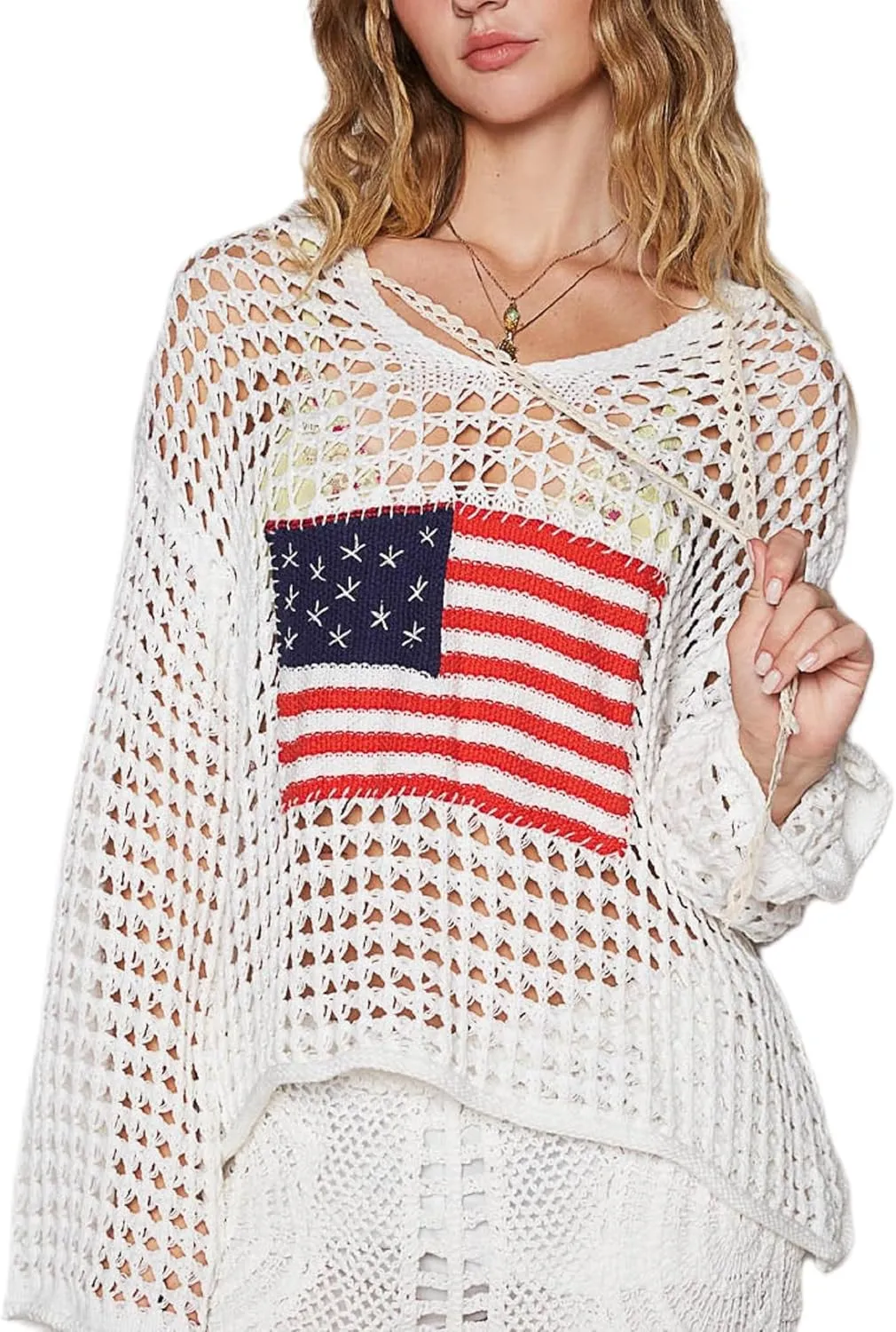 UAURORAO Women American Flag Sweater Crochet Long Sleeve Knit Hoodie Oversized Patriotic Sweatshirt Cover Up Beachwear