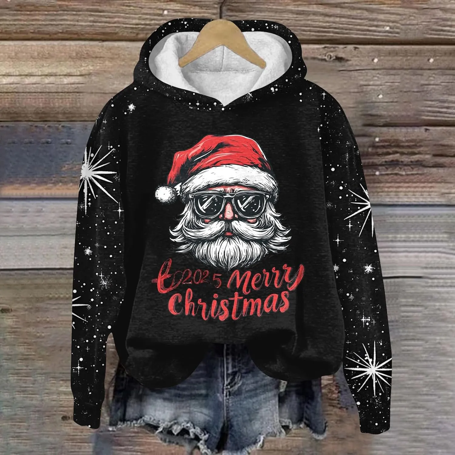 Ugly Christmas Hoodie, Womens Long Sleeve 2024 Sweatshirts Loose O Neck Shirt Snowflake Print Pullover Tshirt Daily Tops