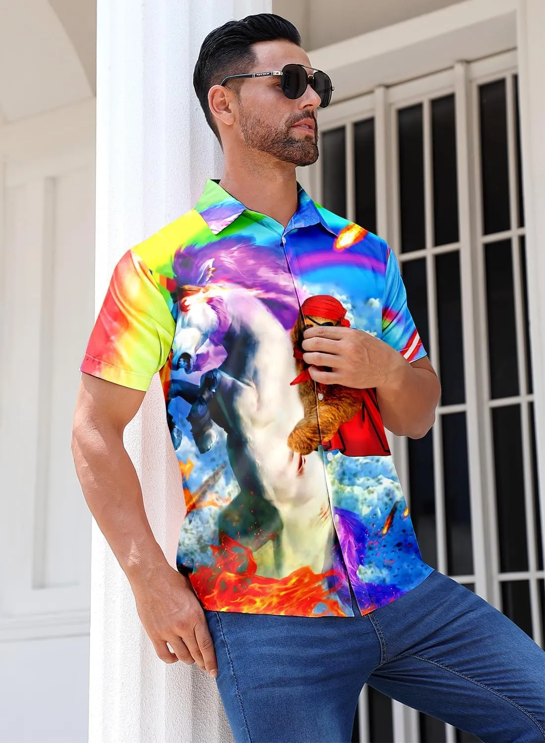 uideazone Mens Funny Hawaiian Shirts 3D Graphic Button Down Short Sleeve Tropical Holiday Beach Aloha Shirt
