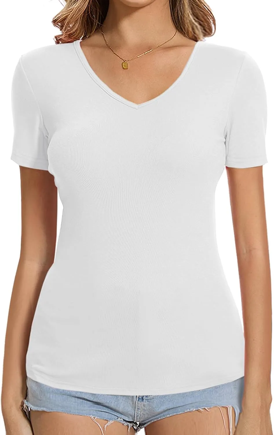V Neck Short Sleeve Tshirt Tops Basic Casual Workout Plain Tee Shirts Fitted Tunic Fashion Trendy Cloths 2025