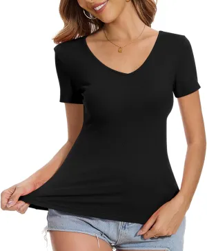 V Neck Short Sleeve Tshirt Tops Basic Casual Workout Plain Tee Shirts Fitted Tunic Fashion Trendy Cloths 2025