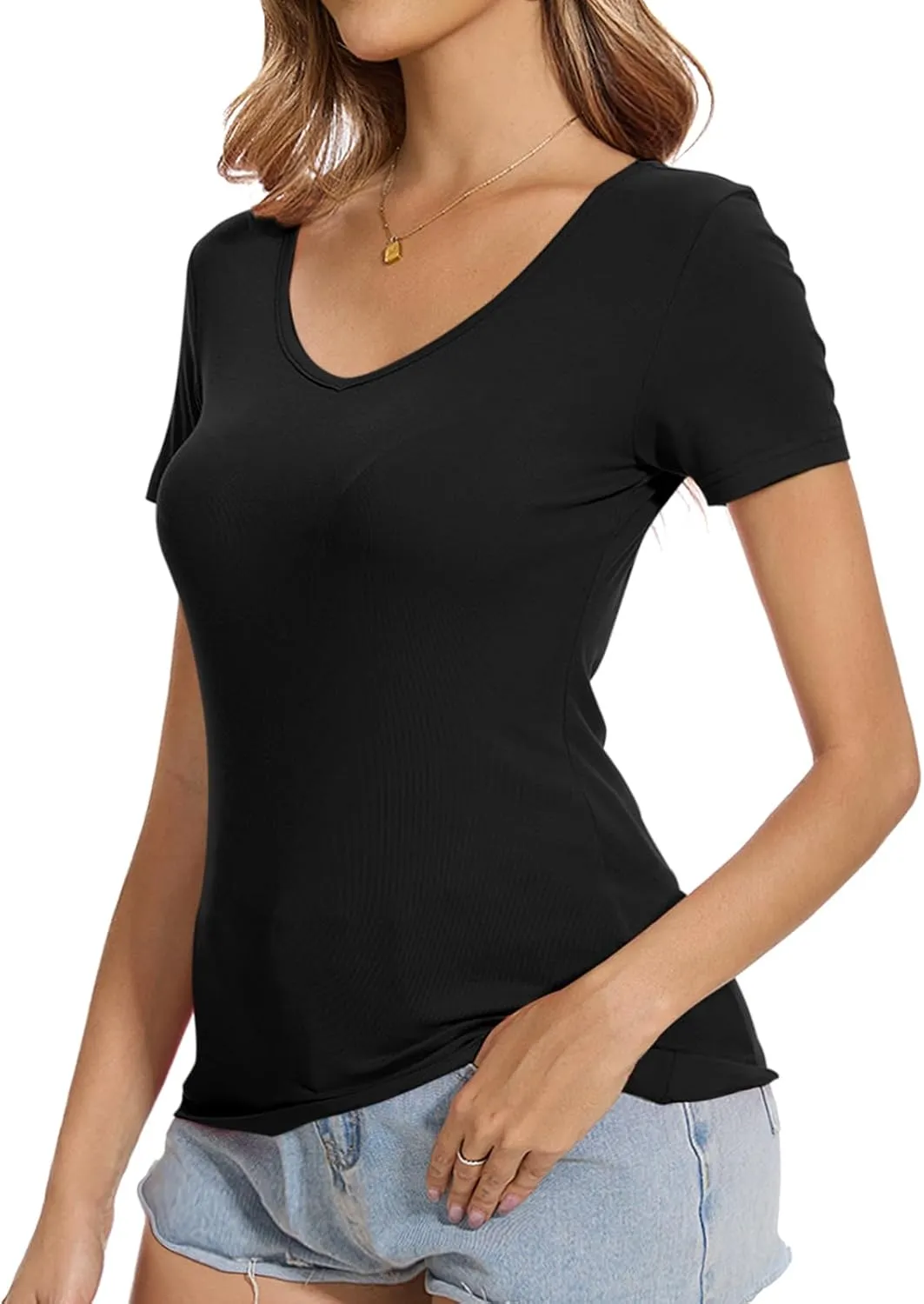 V Neck Short Sleeve Tshirt Tops Basic Casual Workout Plain Tee Shirts Fitted Tunic Fashion Trendy Cloths 2025
