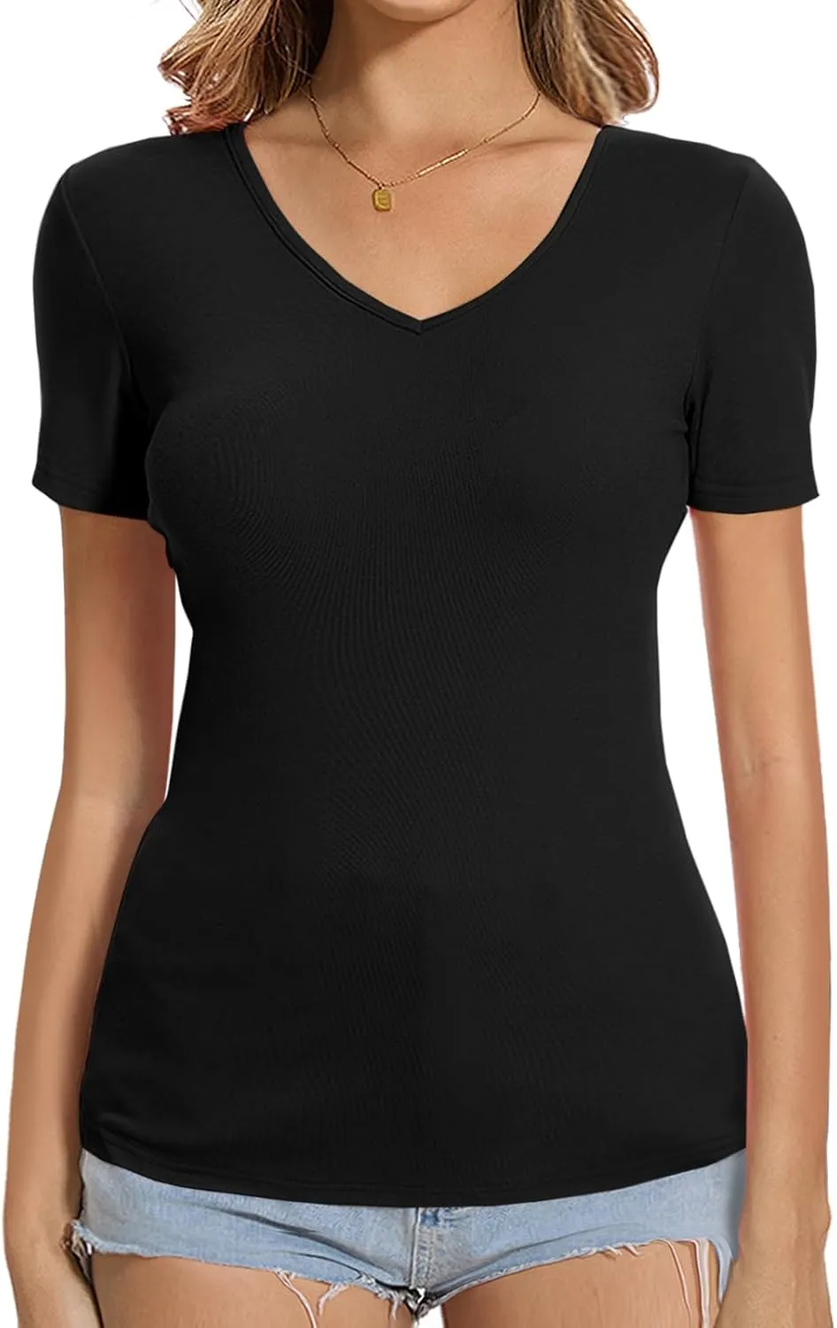 V Neck Short Sleeve Tshirt Tops Basic Casual Workout Plain Tee Shirts Fitted Tunic Fashion Trendy Cloths 2025