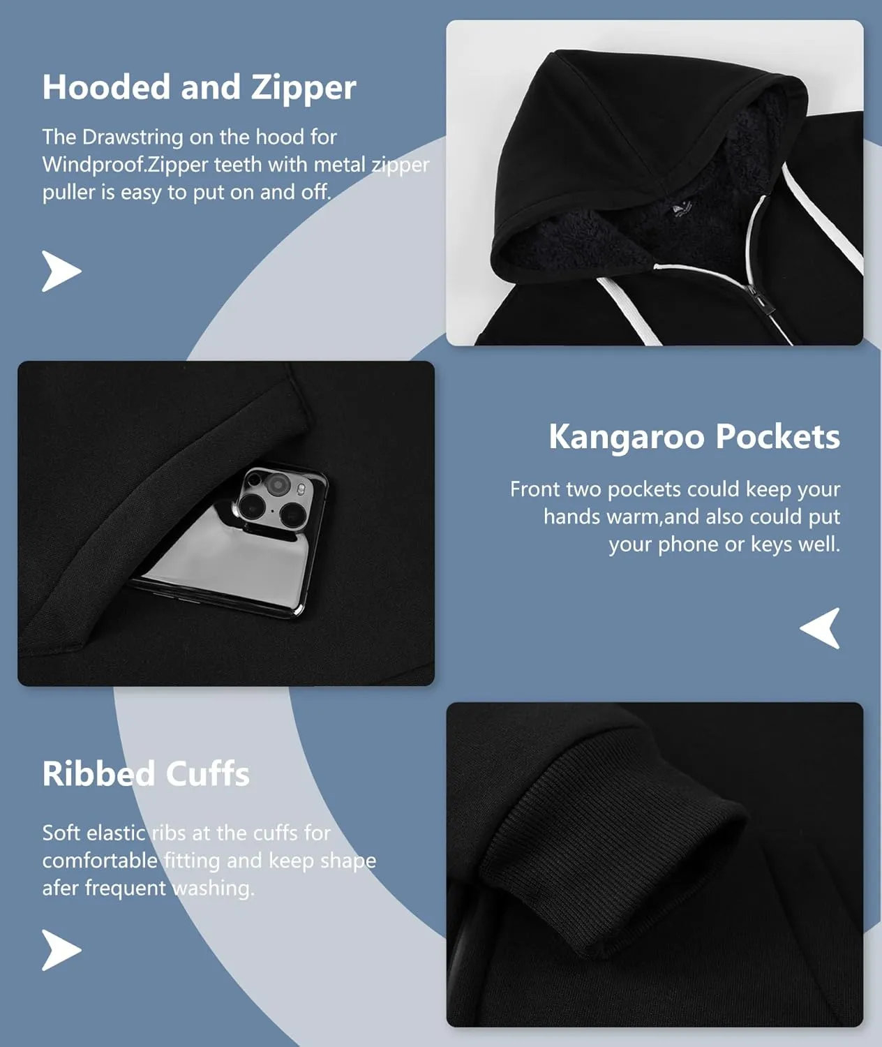 V VALANCH Men Hoodie Zip Up Winter Sherpa Lined Sweatshirt Heavyweight Thick Warm Fleece Jacket