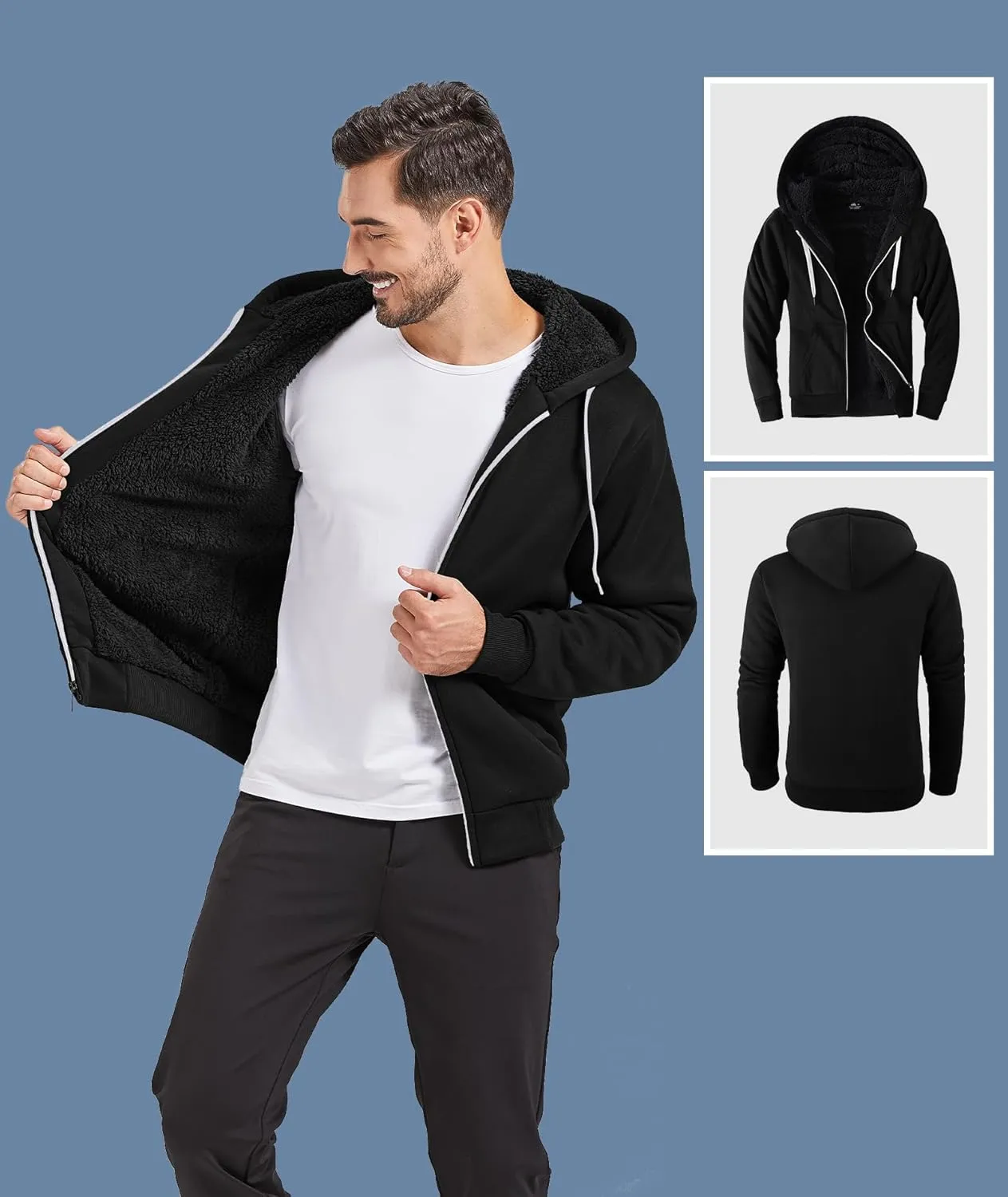 V VALANCH Men Hoodie Zip Up Winter Sherpa Lined Sweatshirt Heavyweight Thick Warm Fleece Jacket