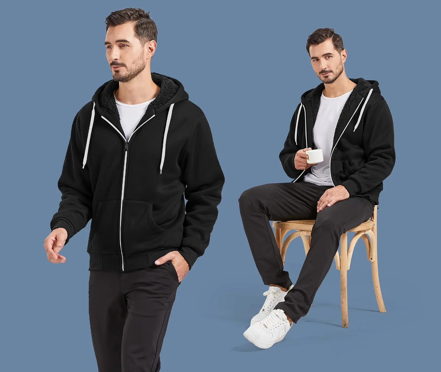 V VALANCH Men Hoodie Zip Up Winter Sherpa Lined Sweatshirt Heavyweight Thick Warm Fleece Jacket