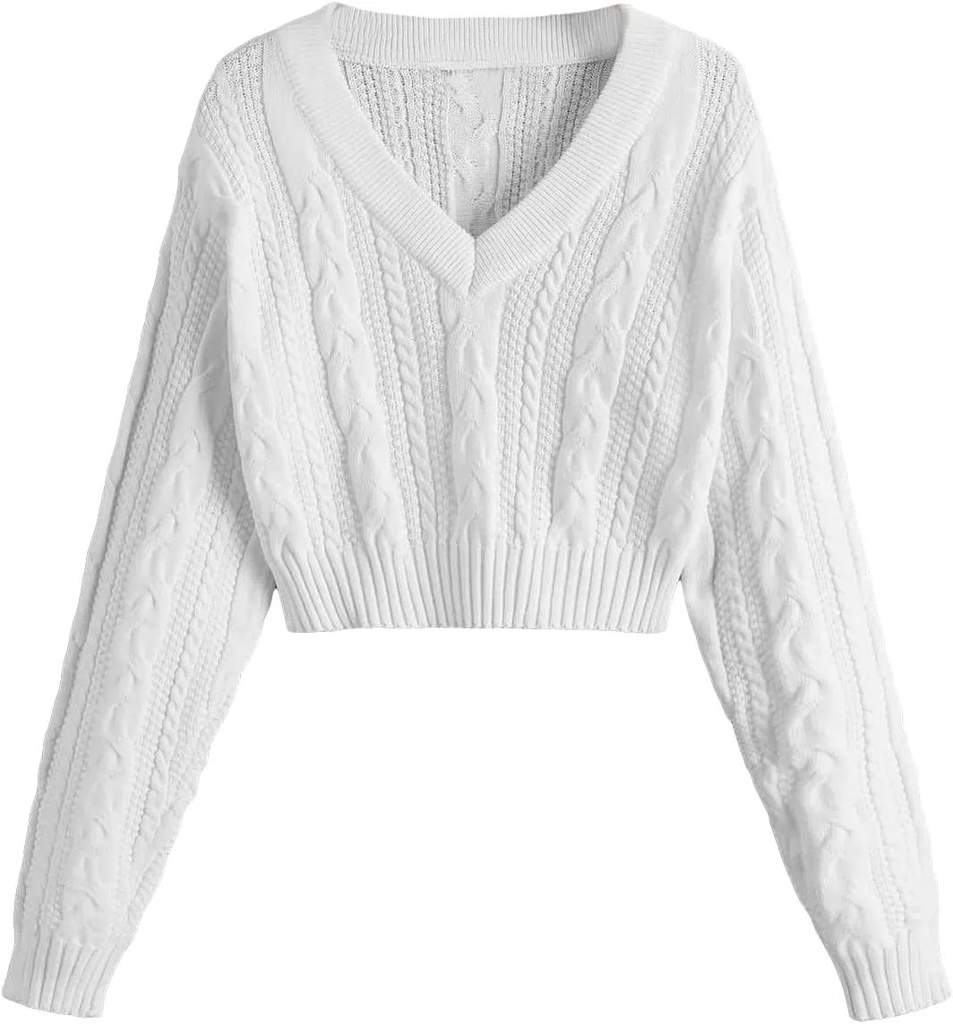 Verdusa Girl's Long Sleeve Cardigan Sweater Drop Shoulder V Neck Knitted Cropped Sweater Jumper Tops