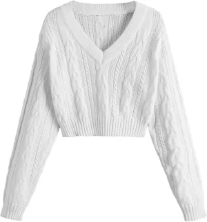 Verdusa Girl's Long Sleeve Cardigan Sweater Drop Shoulder V Neck Knitted Cropped Sweater Jumper Tops