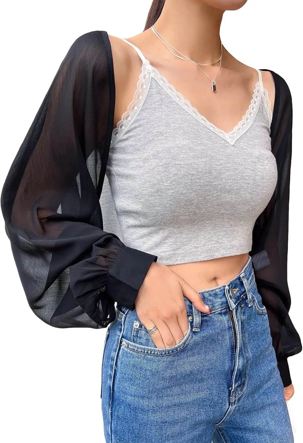 Verdusa Women's Bolero Shrug Open Front Mesh Long Sleeve Lightweight Cardigan Dress Cover Up Shrug