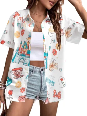 VILOVE Magical Shirt for Women Magic Hawaiian Shirts Princess Tshirt Funny Castle Graphic Family Vacation Button Up Tops