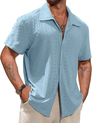 Vssjavun Mens Short Sleeve Button Down Shirts Casual Hollow Out Summer Beach Shirt