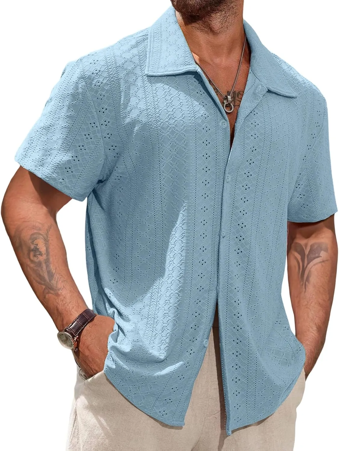 Vssjavun Mens Short Sleeve Button Down Shirts Casual Hollow Out Summer Beach Shirt