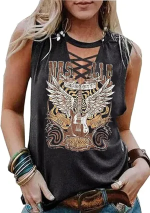 Wasted On You Steer Skull Criss-Cross Hollow Out Tank Tops Women Western Cowboy Rodeo Shirt Tops Country Music Tank Tops