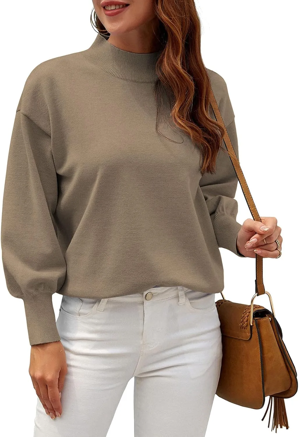 WEACZZY Women's 2025 Fall Fashion Casual Sweaters Mock Neck Long Lantern Sleeve Lightweight Knit Pullover Sweater Tops