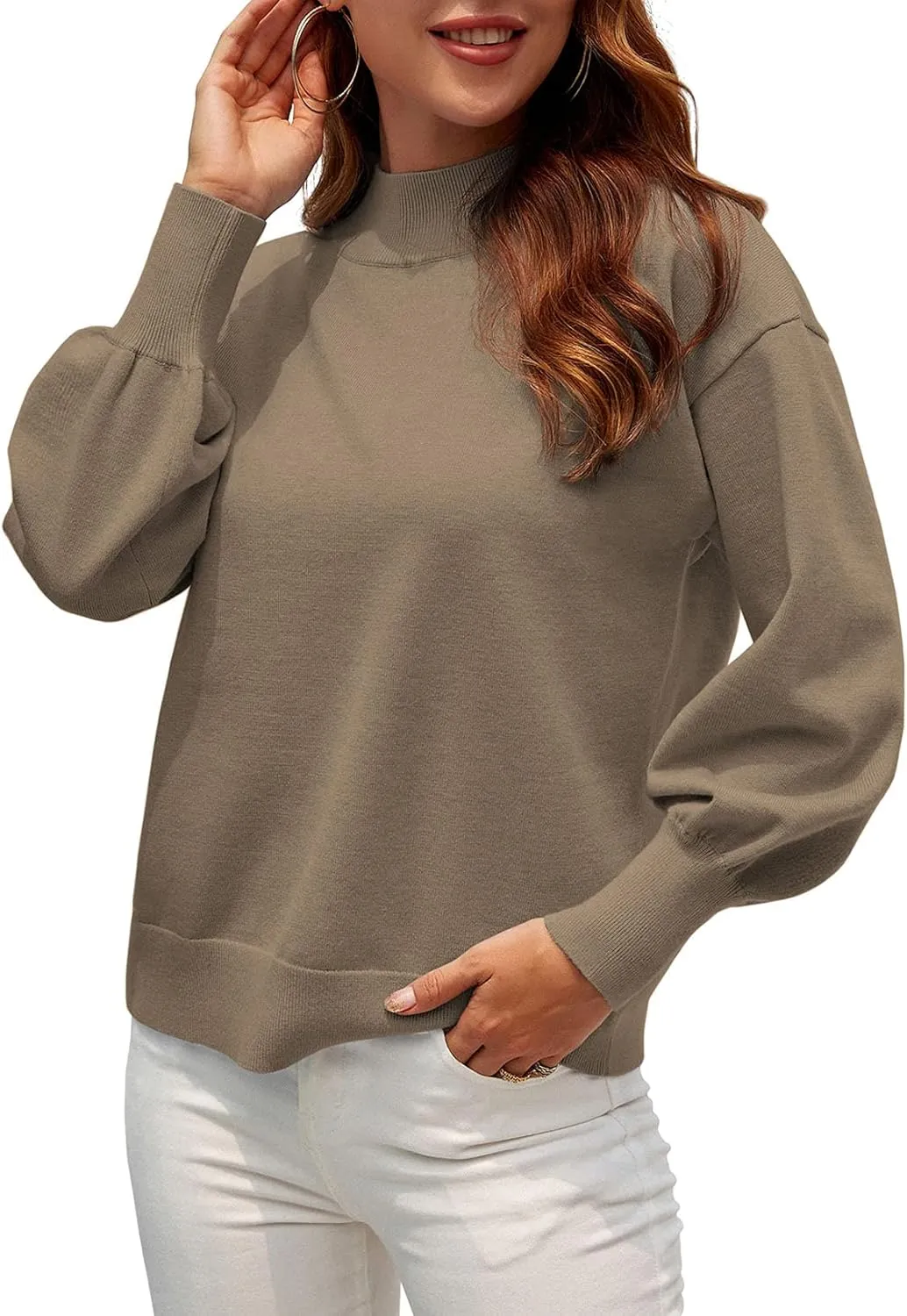 WEACZZY Women's 2025 Fall Fashion Casual Sweaters Mock Neck Long Lantern Sleeve Lightweight Knit Pullover Sweater Tops