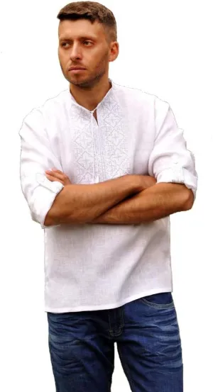 White Linen Vyshyvanka for Men. Ukrainian Embroidered Men's Shirt. Model M01 / 1-211