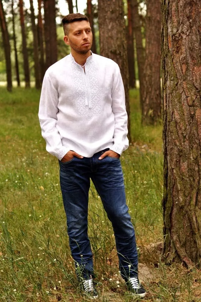 White Linen Vyshyvanka for Men. Ukrainian Embroidered Men's Shirt. Model M01 / 1-211