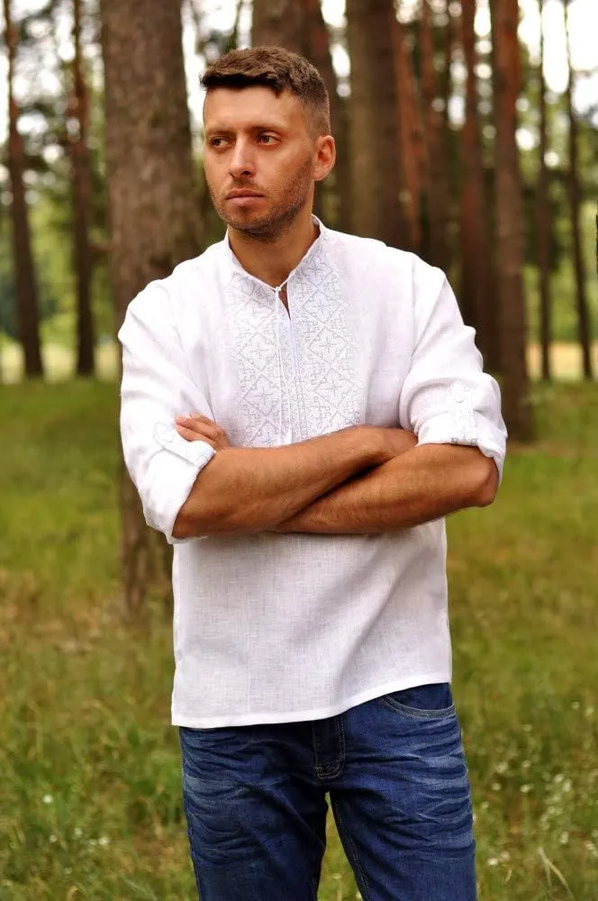 White Linen Vyshyvanka for Men. Ukrainian Embroidered Men's Shirt. Model M01 / 1-211