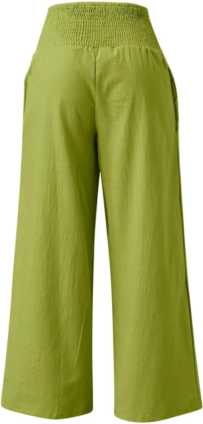 Wide Leg Ankle Pants for Women 2025 Baggy Y2K Summer Stretchy Boho Beach Pants High Waist Plus Size Lounge Palazzo Trousers