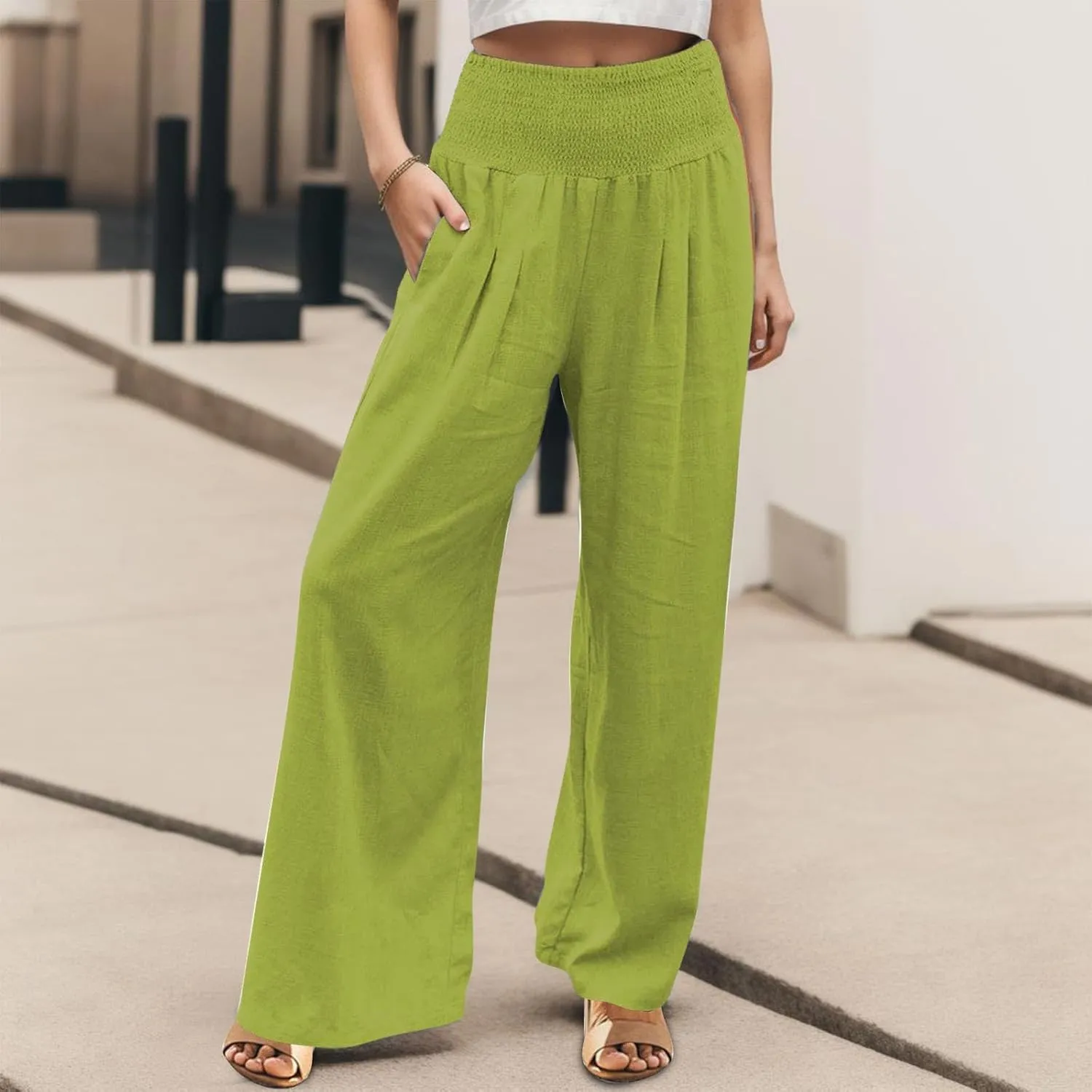 Wide Leg Ankle Pants for Women 2025 Baggy Y2K Summer Stretchy Boho Beach Pants High Waist Plus Size Lounge Palazzo Trousers