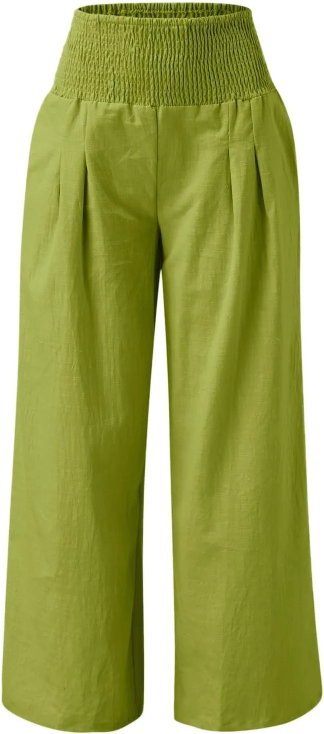 Wide Leg Ankle Pants for Women 2025 Baggy Y2K Summer Stretchy Boho Beach Pants High Waist Plus Size Lounge Palazzo Trousers