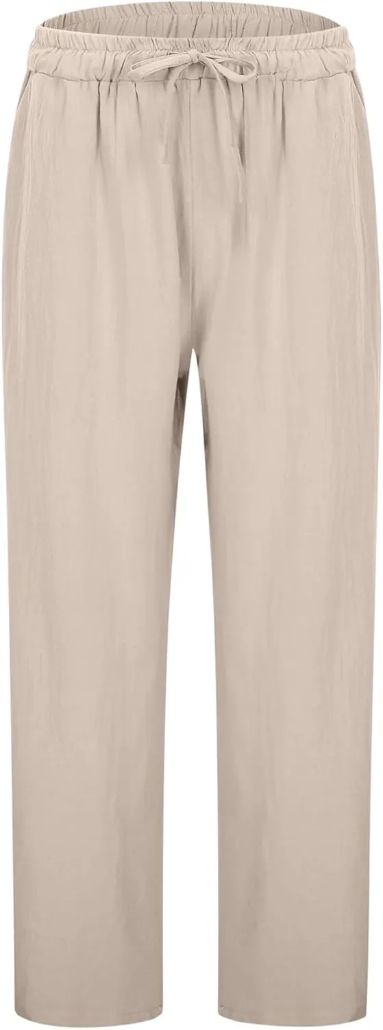 Wide Leg Cotton Linen Pants Women Summer Solid Lounge Trousers with Pockets Comfy Soft Loose Flowy Baggy Casual Pants