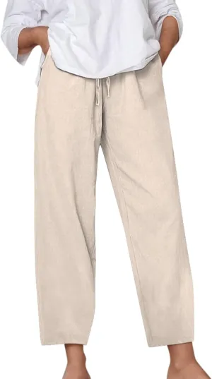 Wide Leg Cotton Linen Pants Women Summer Solid Lounge Trousers with Pockets Comfy Soft Loose Flowy Baggy Casual Pants