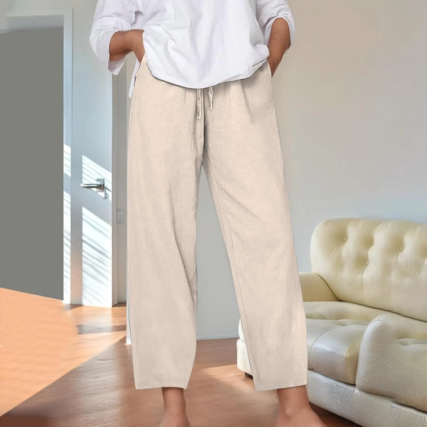 Wide Leg Cotton Linen Pants Women Summer Solid Lounge Trousers with Pockets Comfy Soft Loose Flowy Baggy Casual Pants