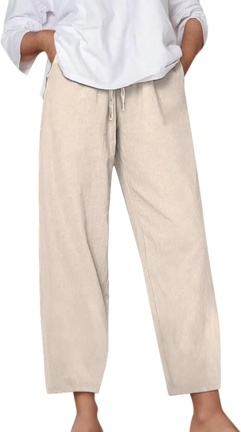 Wide Leg Cotton Linen Pants Women Summer Solid Lounge Trousers with Pockets Comfy Soft Loose Flowy Baggy Casual Pants