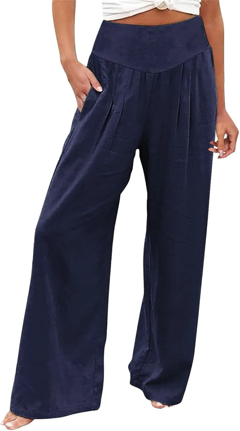Wide Leg Cotton Pants for Women High Waist Wide Leg Loose Palazzo Beach Pants High Waist Plus Size Lounge Palazzo Trousers