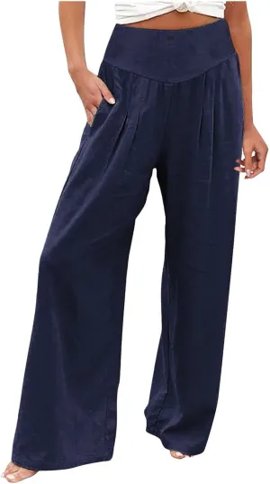 Wide Leg Cotton Pants for Women High Waist Wide Leg Loose Palazzo Beach Pants High Waist Plus Size Lounge Palazzo Trousers