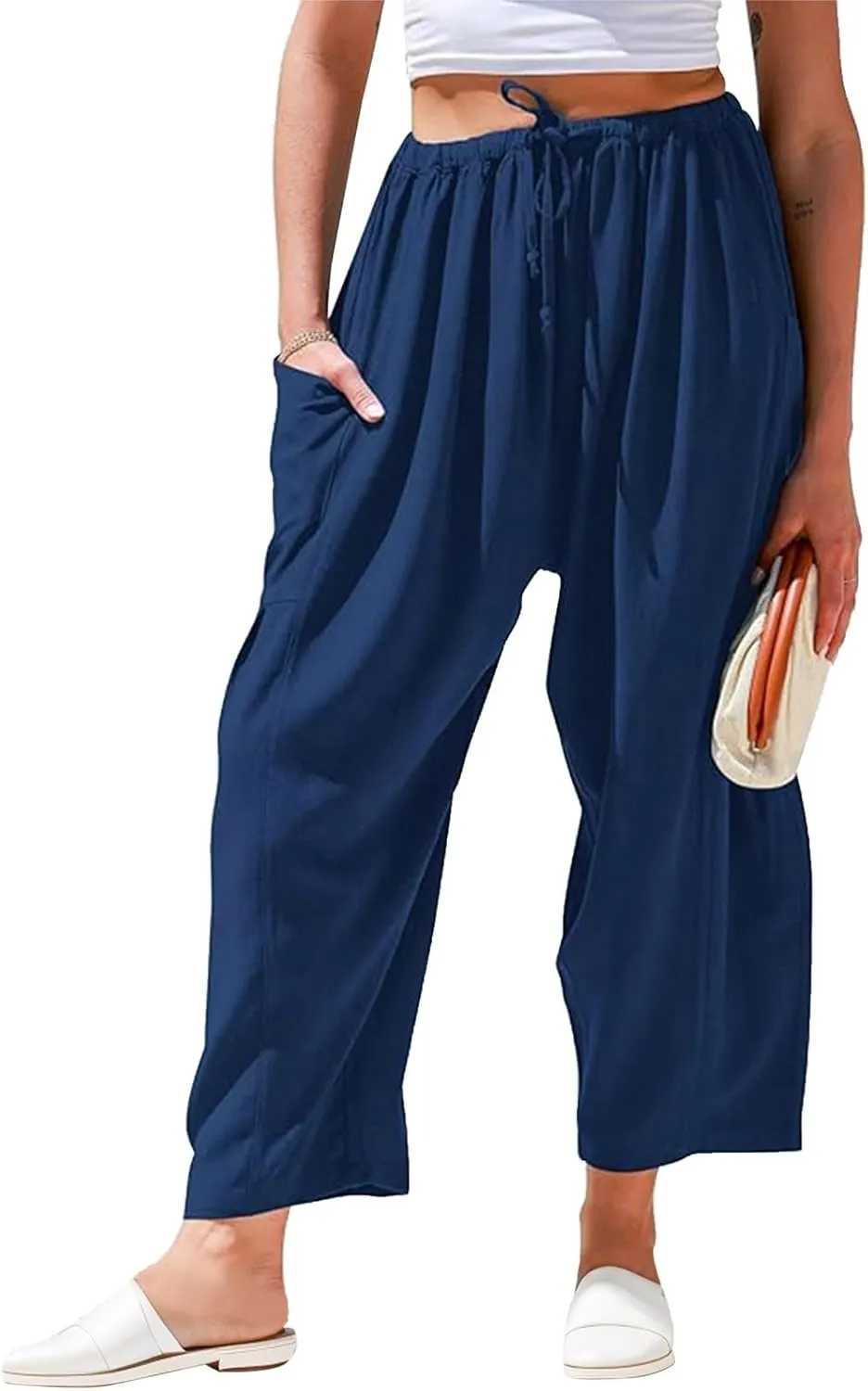 Wide Leg Cropped Pants for Women Casual Drawstring Harem Pants Baggy Lounge Cotton Blend Linen Trousers with Pockets