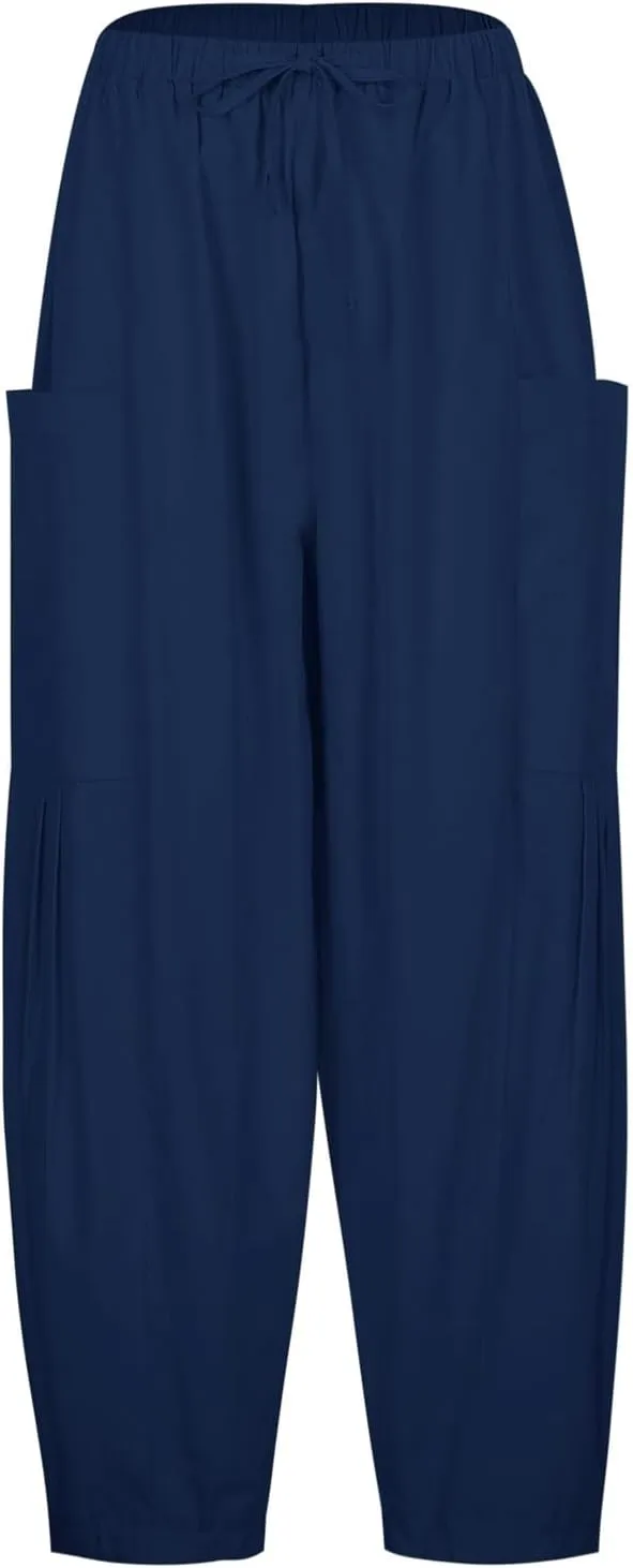Wide Leg Cropped Pants for Women Casual Drawstring Harem Pants Baggy Lounge Cotton Blend Linen Trousers with Pockets