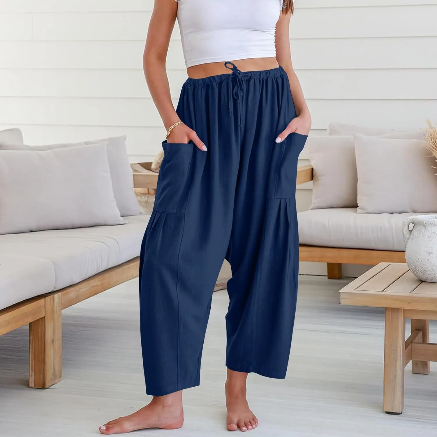 Wide Leg Cropped Pants for Women Casual Drawstring Harem Pants Baggy Lounge Cotton Blend Linen Trousers with Pockets