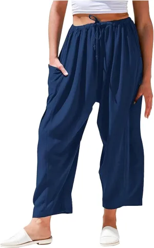 Wide Leg Cropped Pants for Women Casual Drawstring Harem Pants Baggy Lounge Cotton Blend Linen Trousers with Pockets