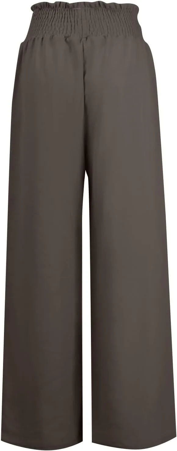 Wide Leg Linen Pants for Women Casual Drawstring Elastic High Waisted Paperbag Pants Lightweight Summer Beach Trousers