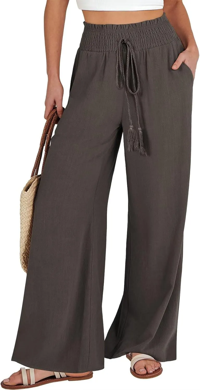 Wide Leg Linen Pants for Women Casual Drawstring Elastic High Waisted Paperbag Pants Lightweight Summer Beach Trousers