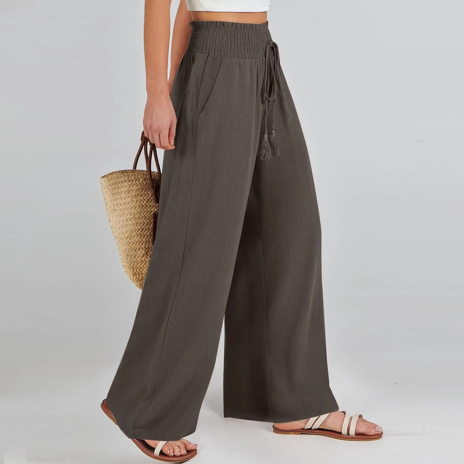 Wide Leg Linen Pants for Women Casual Drawstring Elastic High Waisted Paperbag Pants Lightweight Summer Beach Trousers