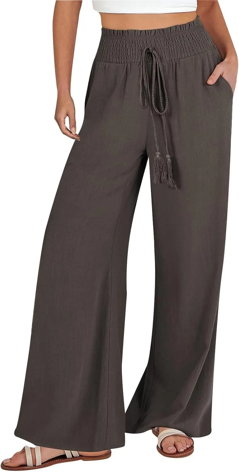 Wide Leg Linen Pants for Women Casual Drawstring Elastic High Waisted Paperbag Pants Lightweight Summer Beach Trousers
