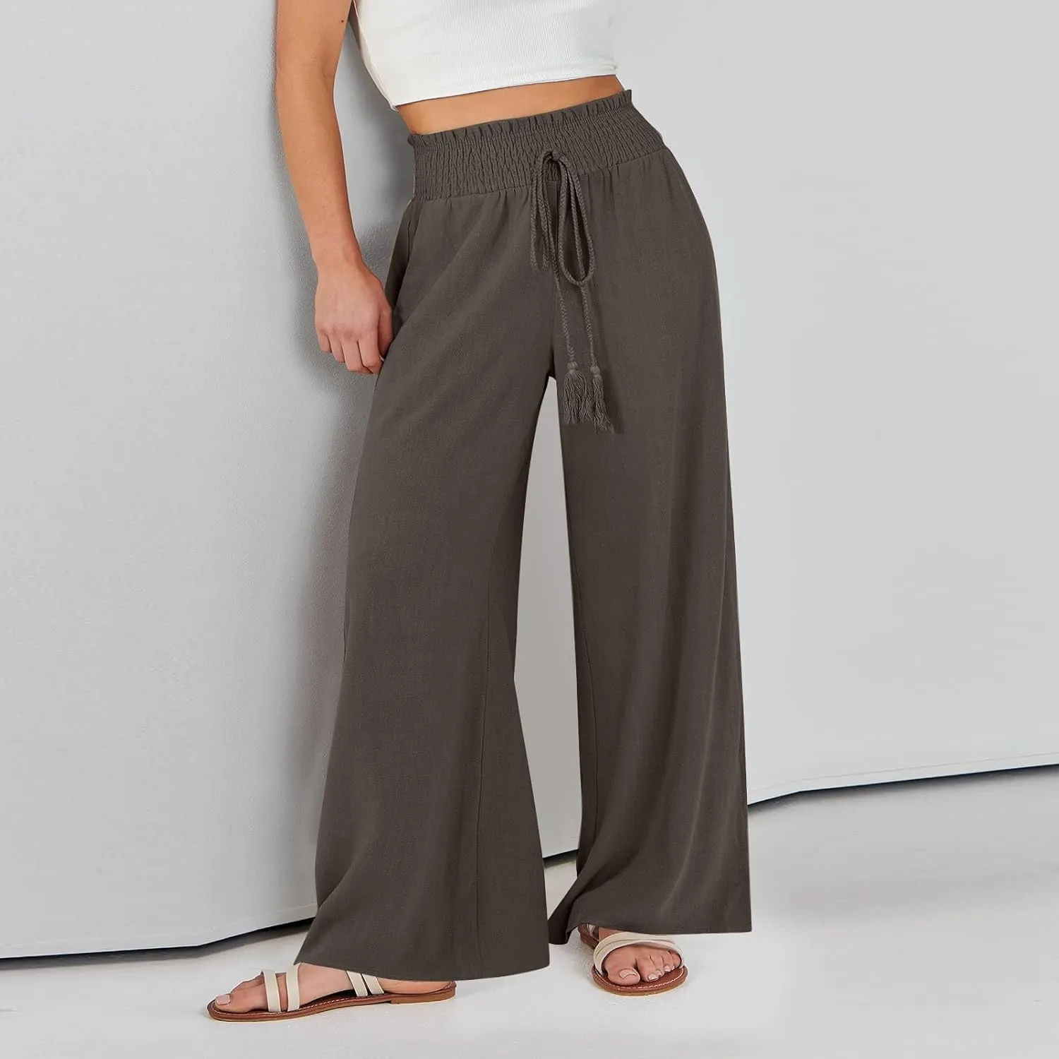 Wide Leg Linen Pants for Women Casual Drawstring Elastic High Waisted Paperbag Pants Lightweight Summer Beach Trousers
