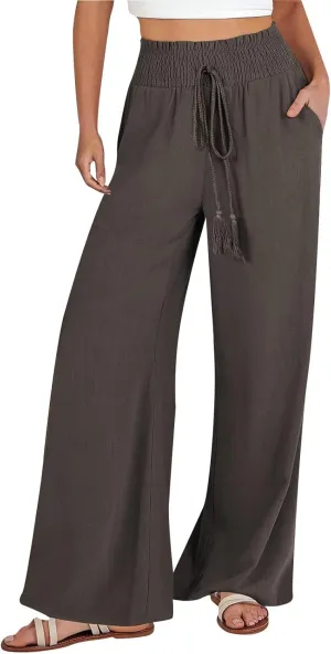 Wide Leg Linen Pants for Women Casual Drawstring Elastic High Waisted Paperbag Pants Lightweight Summer Beach Trousers