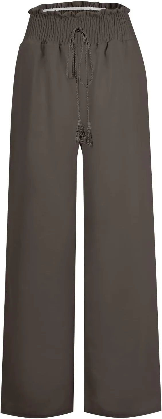 Wide Leg Linen Pants for Women Casual Drawstring Elastic High Waisted Paperbag Pants Lightweight Summer Beach Trousers